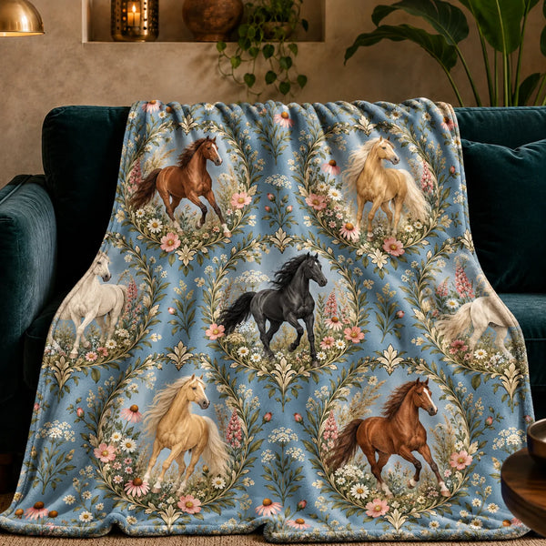 Botanical Medallions Horse fleece throw blanket — chestnut, palomino and black horses in leafy oval medallions with pink flowers on chambray blue