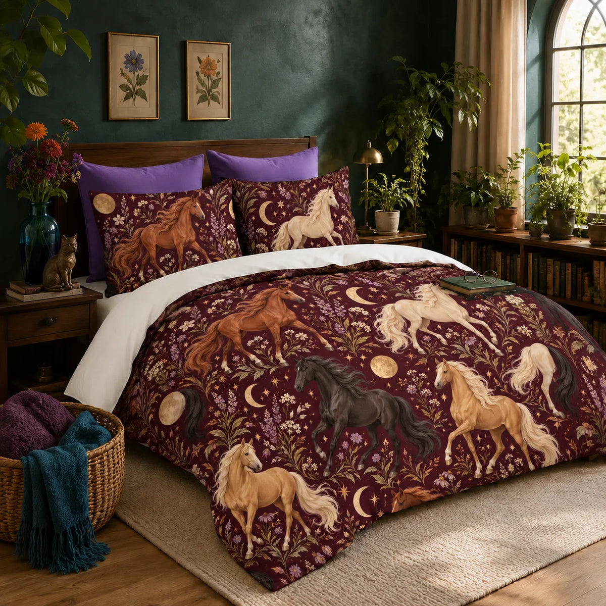 Burgundy Night Horse duvet cover set — palomino, chestnut and black horses with gold moons, stars and lilac flowers on burgundy