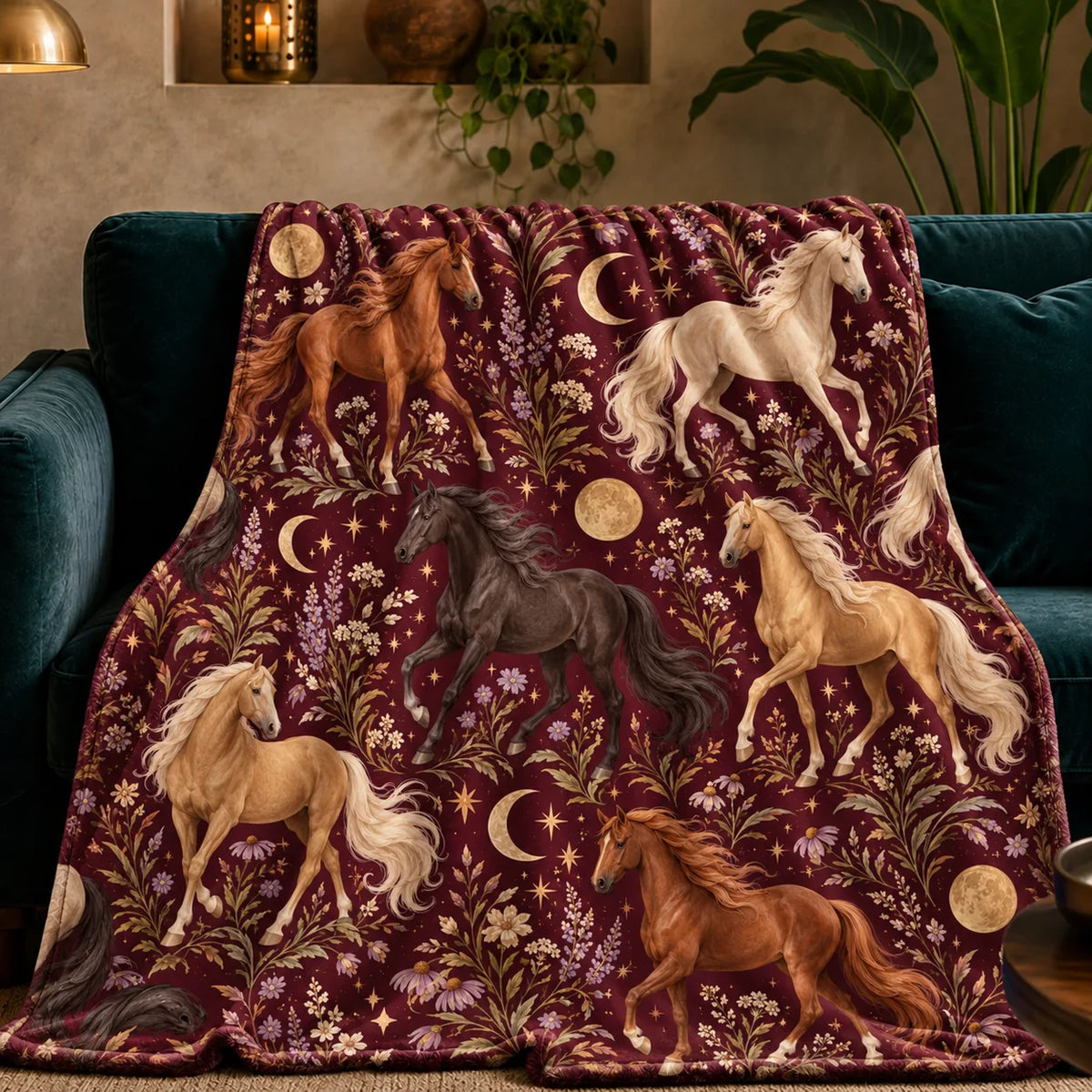 Burgundy Night Horse fleece throw blanket — palomino, chestnut and black horses with gold moons, stars and lilac flowers on burgundy