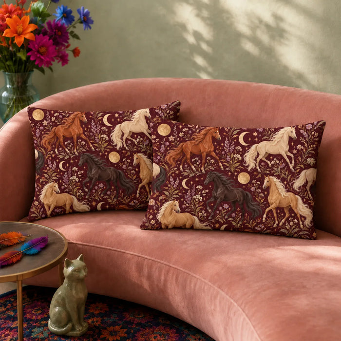 Burgundy Night Horse pillowcase set — palomino, chestnut and black horses with gold moons, stars and lilac flowers on burgundy