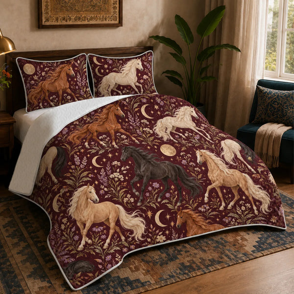 Burgundy Night Horse quilt set — palomino, chestnut and black horses with gold moons, stars and lilac flowers on burgundy