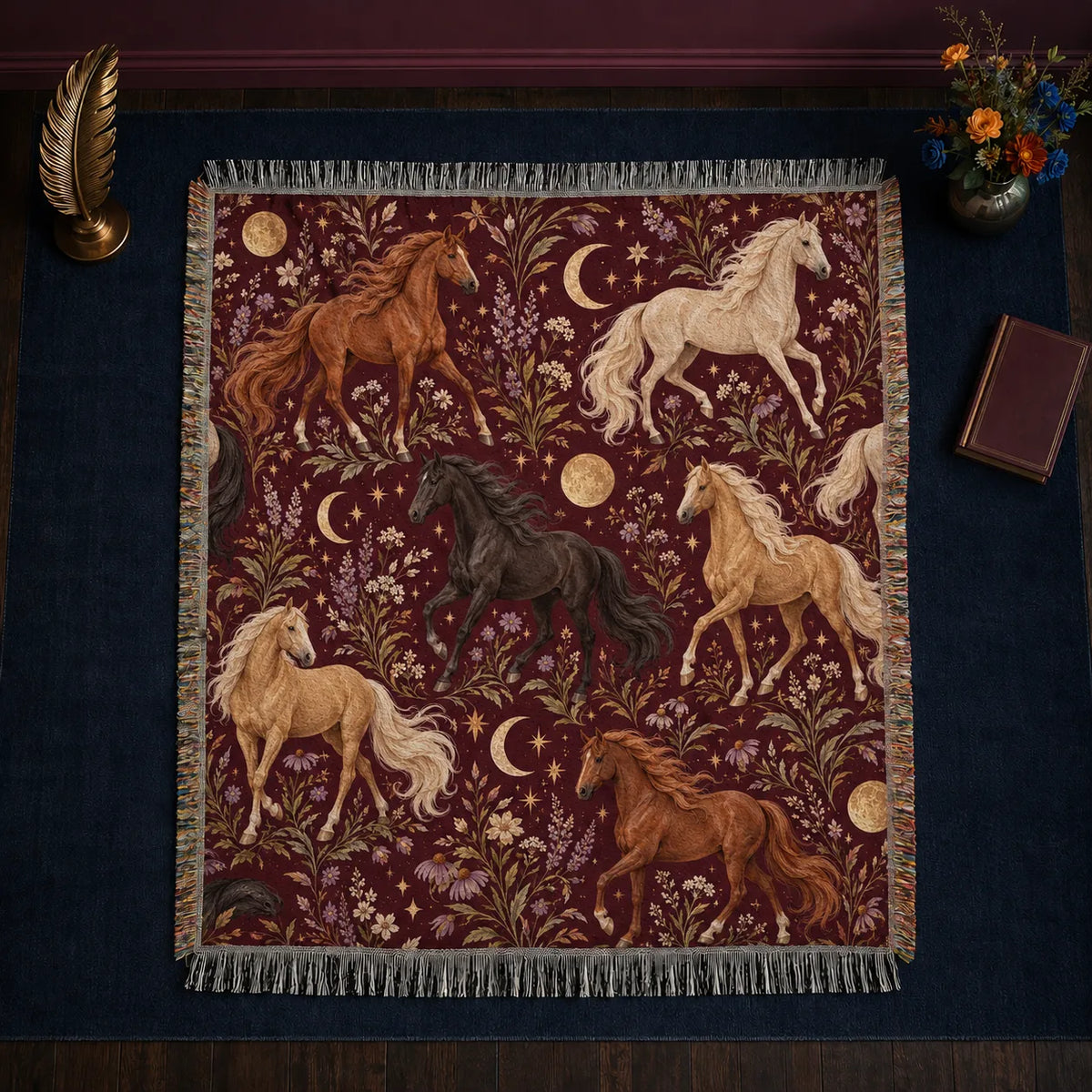 Burgundy Night Horse woven throw blanket — palomino, chestnut and black horses with gold moons, stars and lilac flowers on burgundy