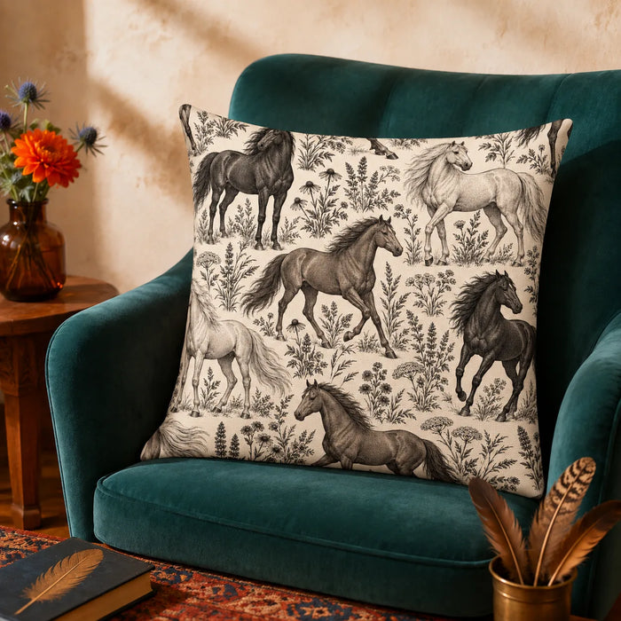 Charcoal Engraving Horse cushion cover set — charcoal, gray-brown and pale gray engraved horses among wildflowers on cream