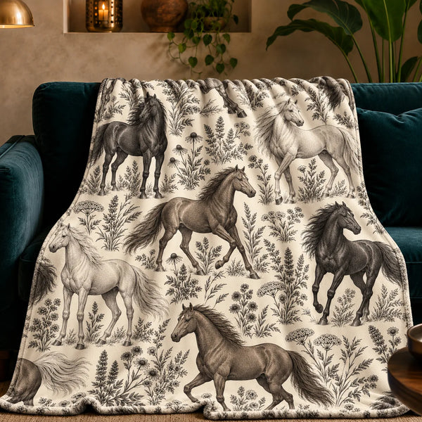 Charcoal Engraving Horse fleece throw blanket — charcoal, gray-brown and pale gray engraved horses among wildflowers on cream