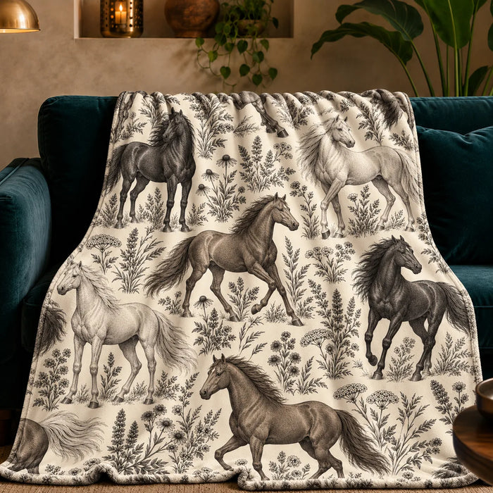 Charcoal Engraving Horse fleece throw blanket — charcoal, gray-brown and pale gray engraved horses among wildflowers on cream