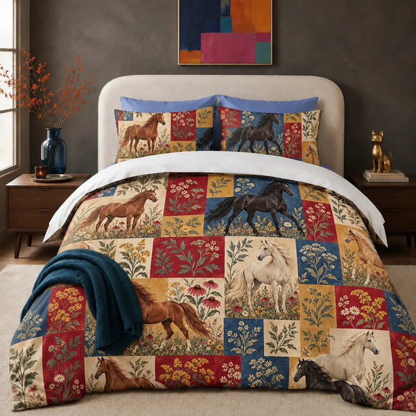 Heirloom Patchwork Horse comforter set — chestnut, black and cream horses in red, navy, mustard and cream patchwork squares