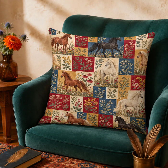 Heirloom Patchwork Horse cushion cover set — chestnut, black and cream horses in red, navy, mustard and cream patchwork squares