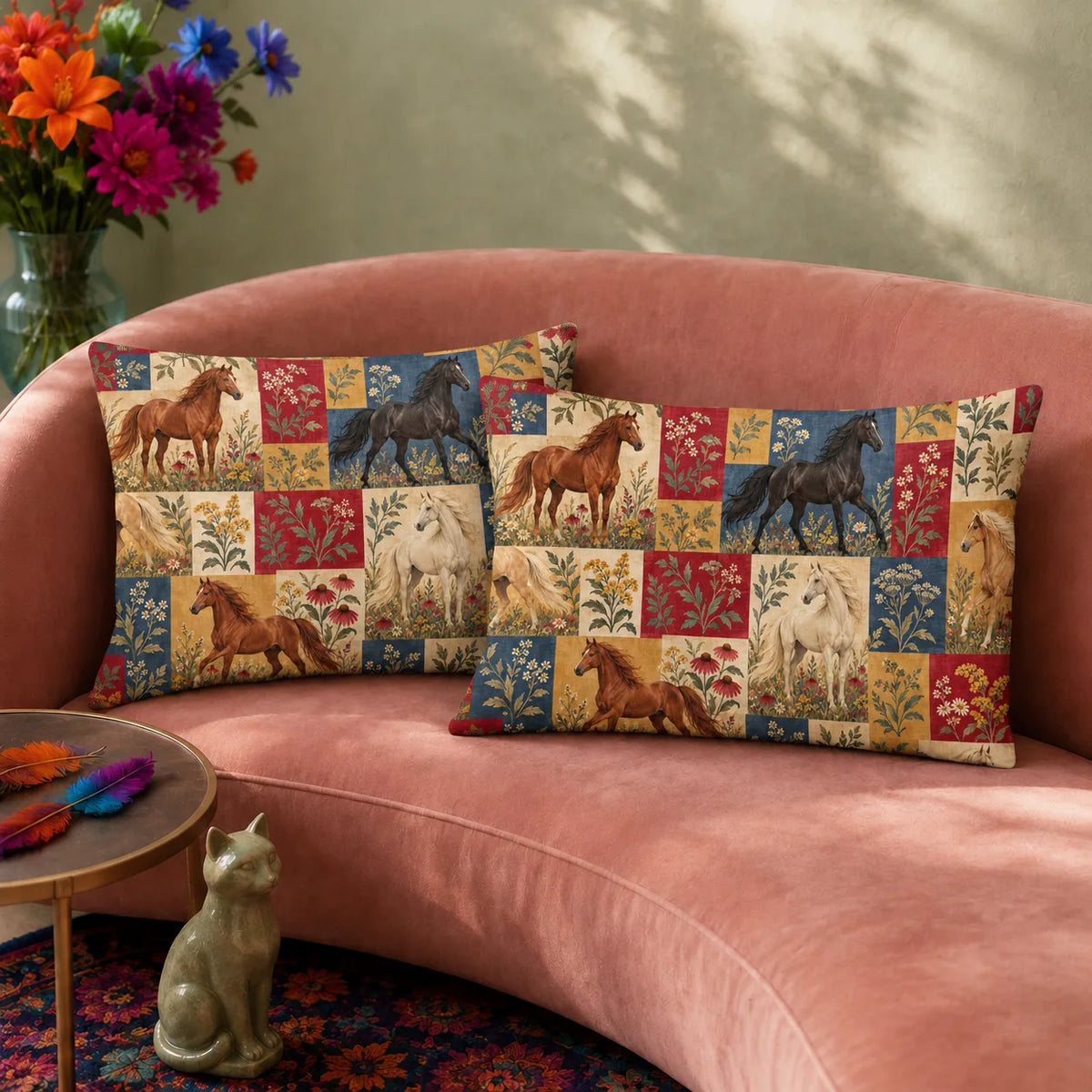 Heirloom Patchwork Horse pillowcase set — chestnut, black and cream horses in red, navy, mustard and cream patchwork squares