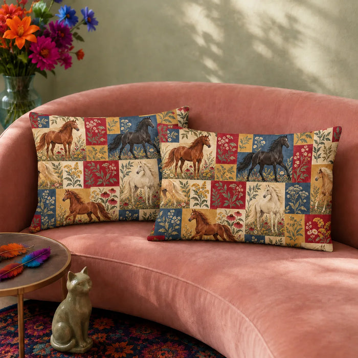 Heirloom Patchwork Horse pillowcase set — chestnut, black and cream horses in red, navy, mustard and cream patchwork squares