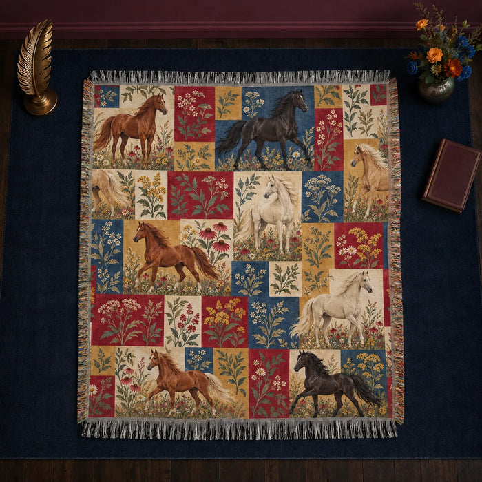 Heirloom Patchwork Horse woven throw blanket — chestnut, black and cream horses in red, navy, mustard and cream patchwork squares