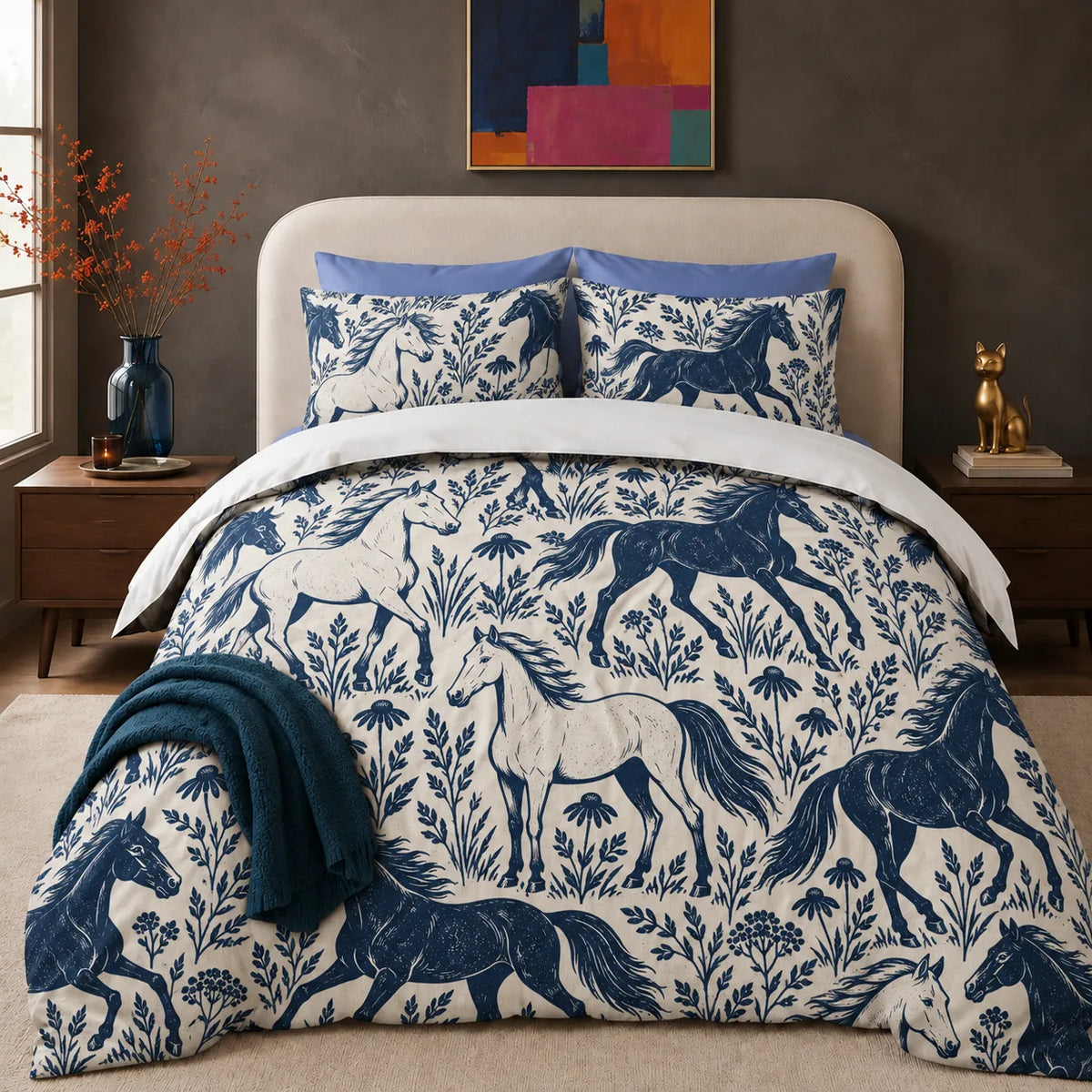Indigo Block Print Horse comforter set — solid indigo and outlined cream horses among coneflowers and leafy sprigs on cream
