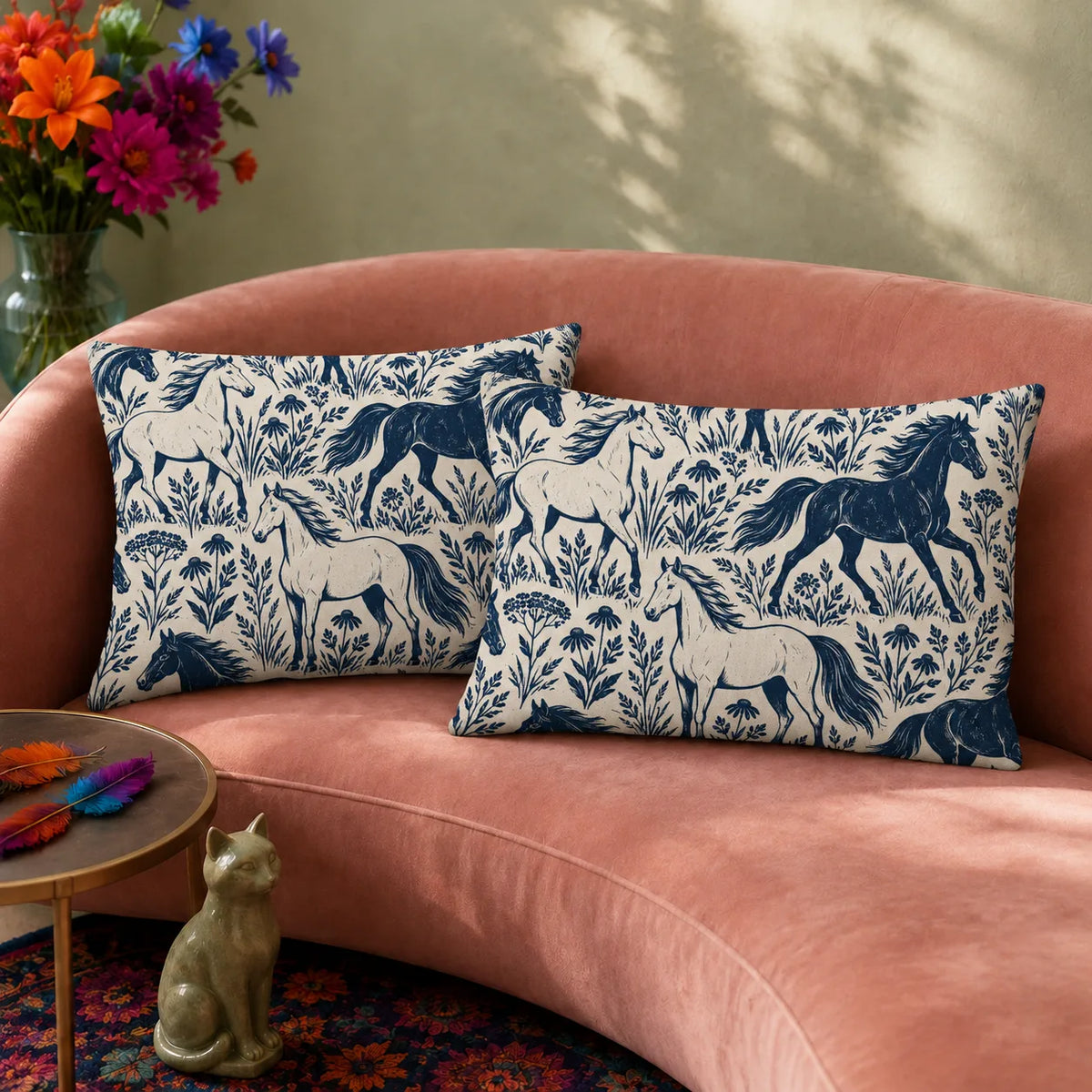 Indigo Block Print Horse pillowcase set — solid indigo and outlined cream horses among coneflowers and leafy sprigs on cream