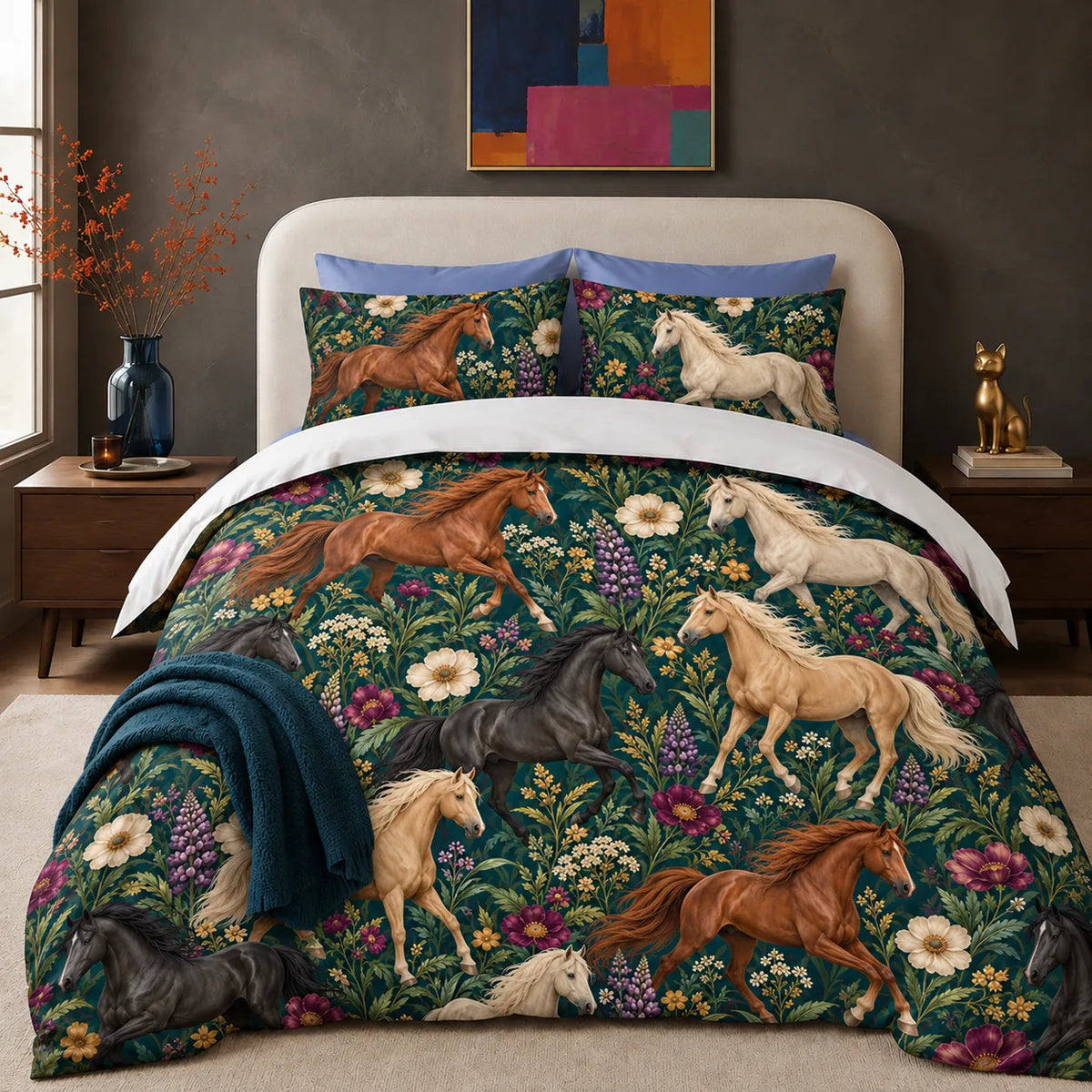 Jewel Botanical Horse comforter set — chestnut, black and palomino horses among purple lupines and plum blooms on deep teal