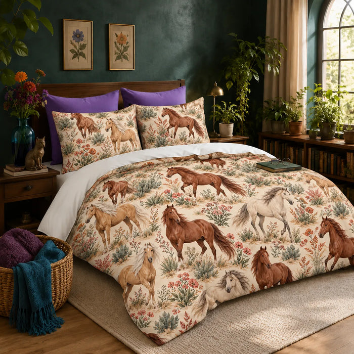Desert Bloom Horse duvet cover set — chestnut, palomino and gray horses among sagebrush and coral wildflowers on cream