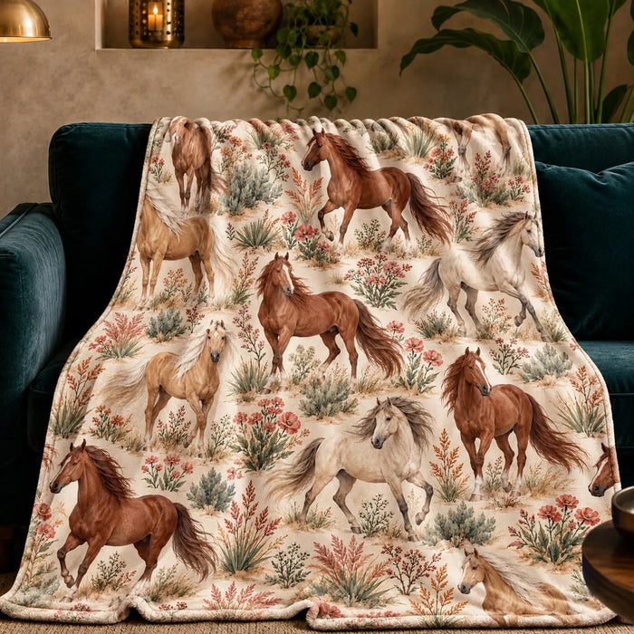 Desert Bloom Horse fleece throw blanket — chestnut, palomino and gray horses among sagebrush and coral wildflowers on cream