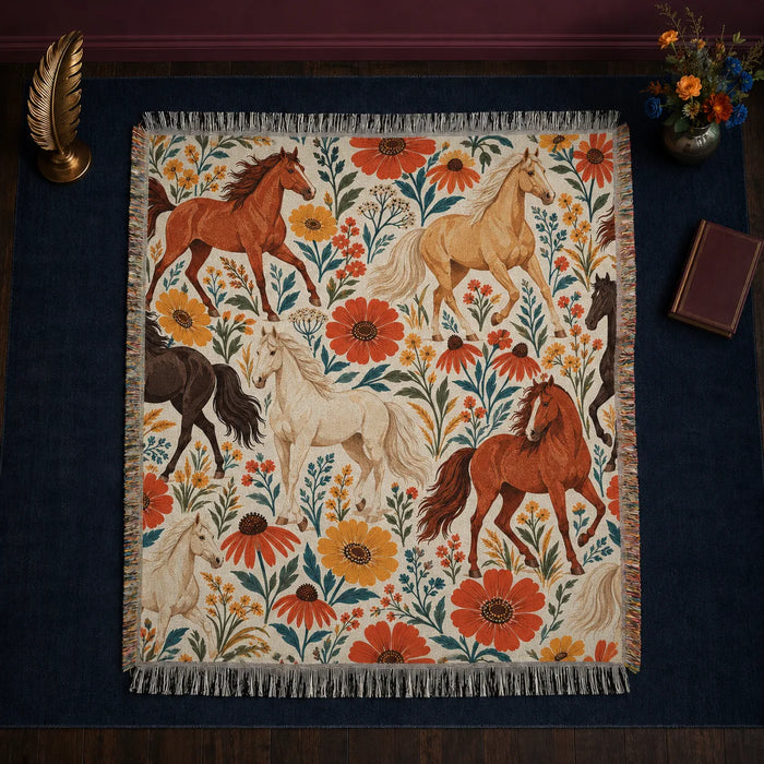Retro Floral Horse woven throw blanket — rust, palomino and cream horses among big orange and mustard flowers on cream
