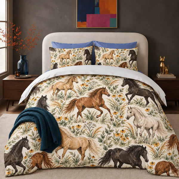 Sage Ink Wash Horse comforter set — palomino, chestnut and black horses among sage grasses and black-eyed Susans on cream