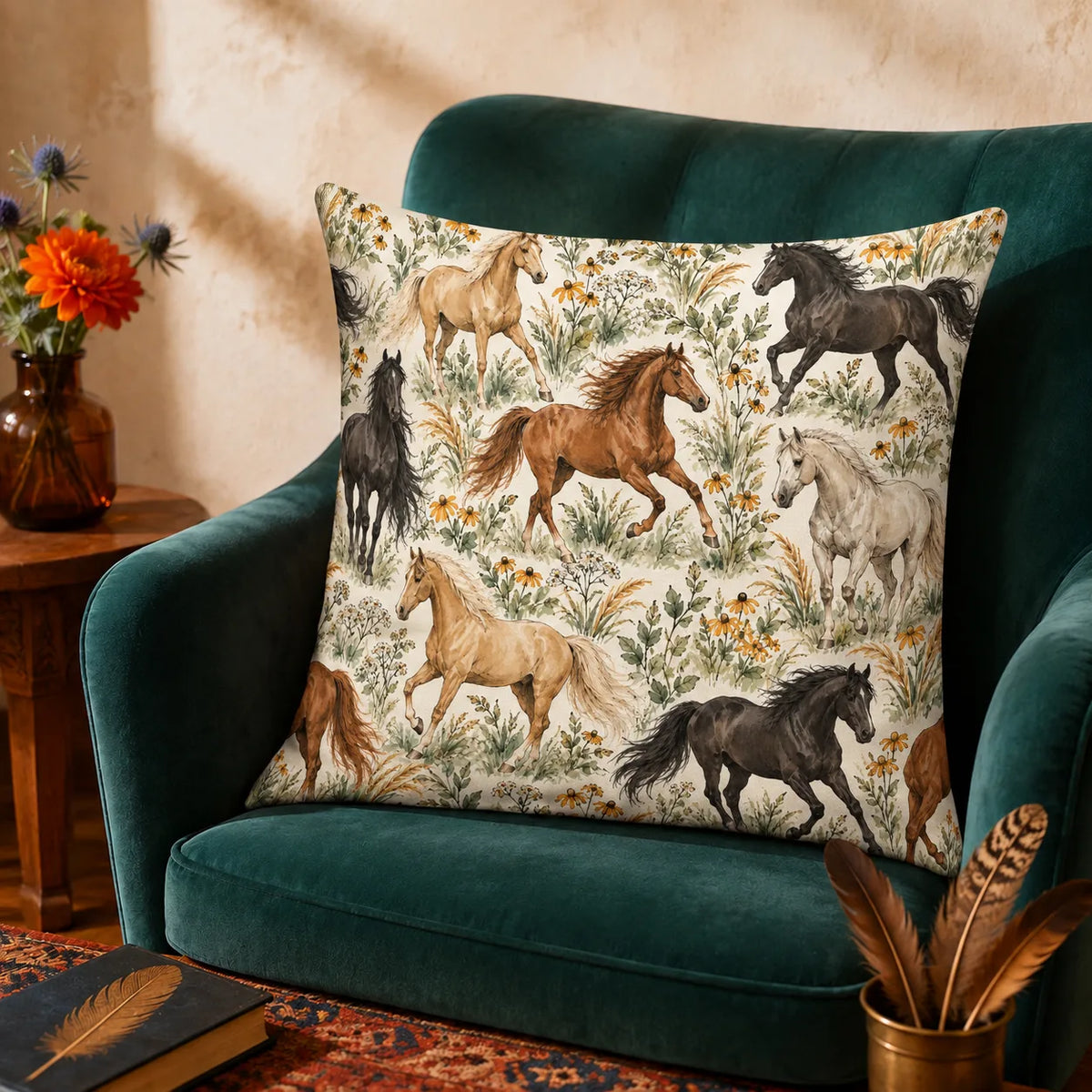 Sage Ink Wash Horse cushion cover set — palomino, chestnut and black horses among sage grasses and black-eyed Susans on cream