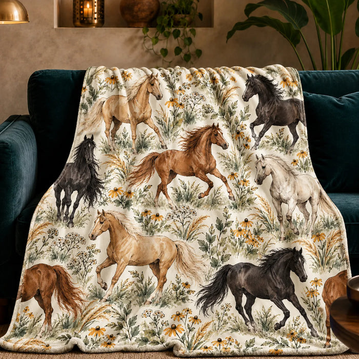 Sage Ink Wash Horse fleece throw blanket — palomino, chestnut and black horses among sage grasses and black-eyed Susans on cream
