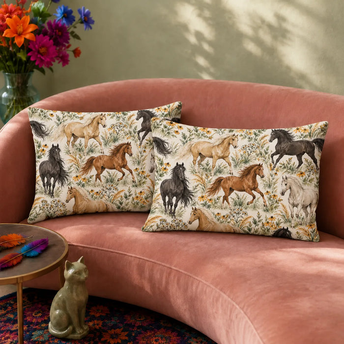 Sage Ink Wash Horse pillowcase set — palomino, chestnut and black horses among sage grasses and black-eyed Susans on cream