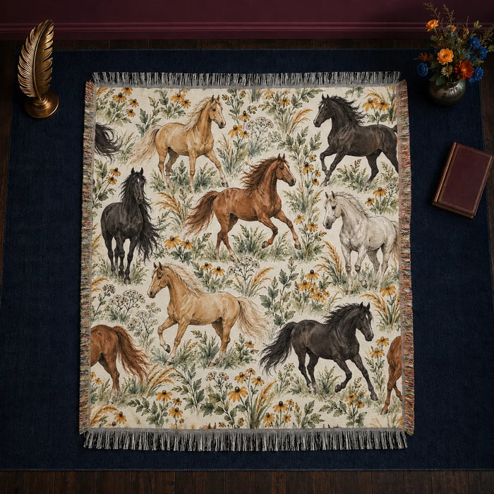 Sage Ink Wash Horse woven throw blanket — palomino, chestnut and black horses among sage grasses and black-eyed Susans on cream