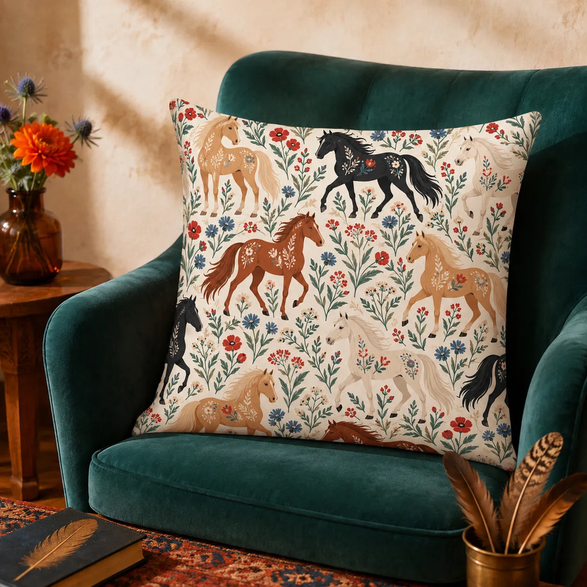 Scandinavian Folk Horse cushion cover set — folk horses decorated with flowers among red poppies and blue cornflowers on cream