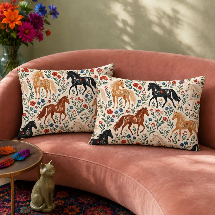 Scandinavian Folk Horse pillowcase set — folk horses decorated with flowers among red poppies and blue cornflowers on cream