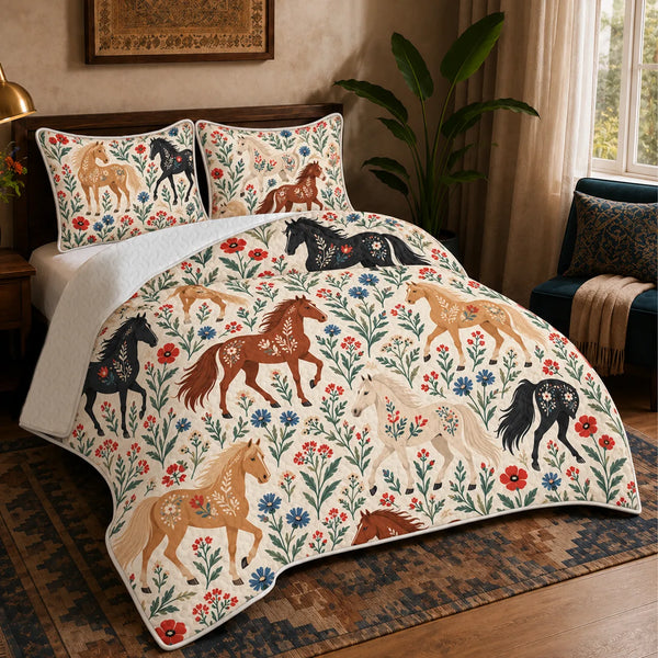 Scandinavian Folk Horse quilt set — folk horses decorated with flowers among red poppies and blue cornflowers on cream