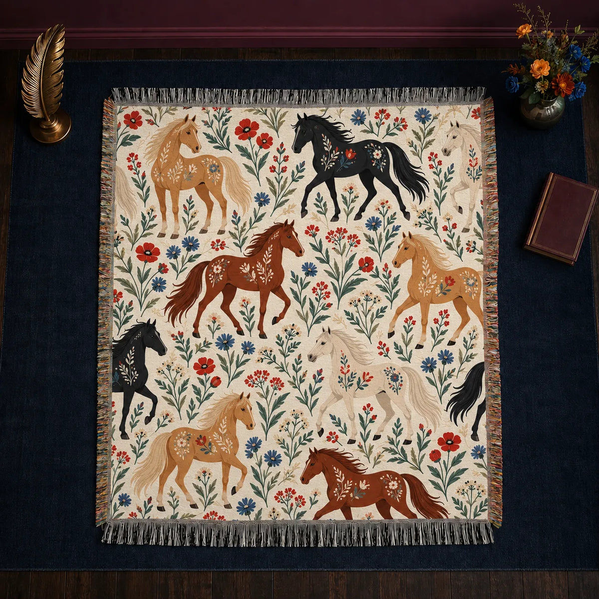 Scandinavian Folk Horse woven throw blanket — folk horses decorated with flowers among red poppies and blue cornflowers on cream