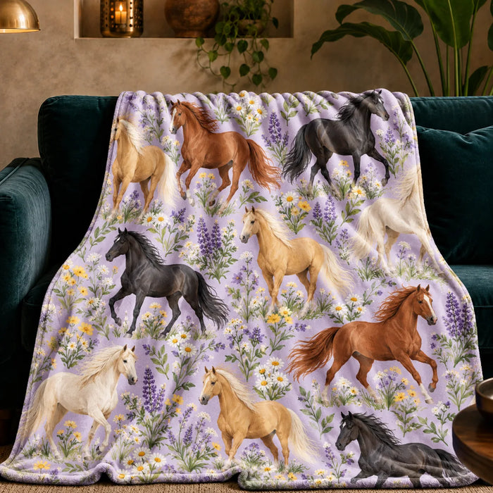 Spring Lilac Horse fleece throw blanket — palomino, chestnut and black horses among purple lupines and white daisies on lilac