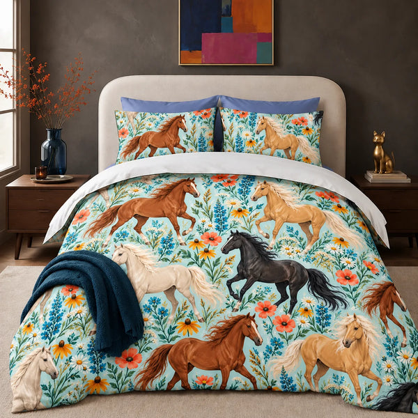 Summer Aqua Horse comforter set — chestnut, palomino and black horses among blue lupines and coral poppies on pale aqua