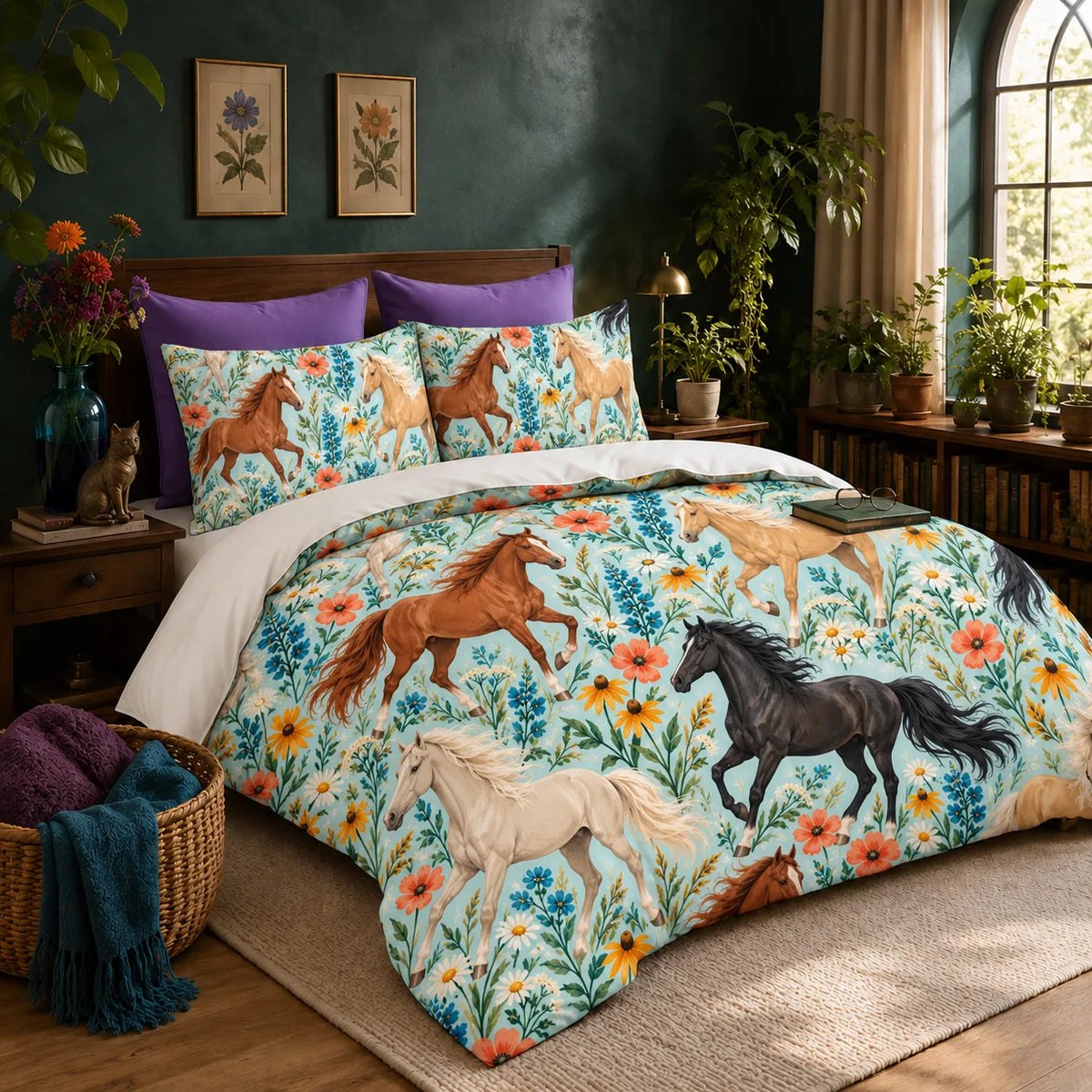 Summer Aqua Horse duvet cover set — chestnut, palomino and black horses among blue lupines and coral poppies on pale aqua
