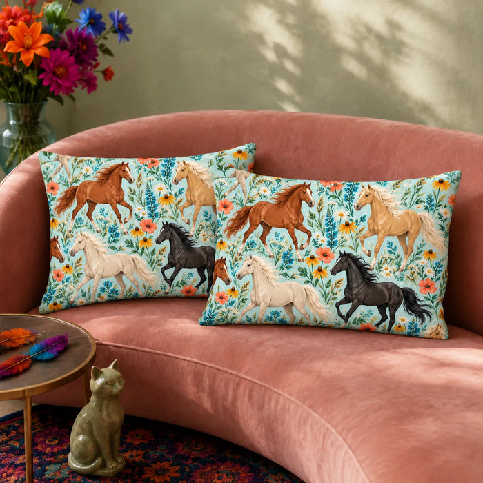 Summer Aqua Horse pillowcase set — chestnut, palomino and black horses among blue lupines and coral poppies on pale aqua