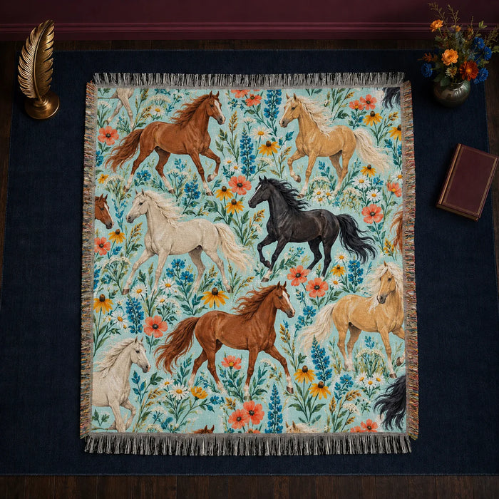 Summer Aqua Horse woven throw blanket — chestnut, palomino and black horses among blue lupines and coral poppies on pale aqua