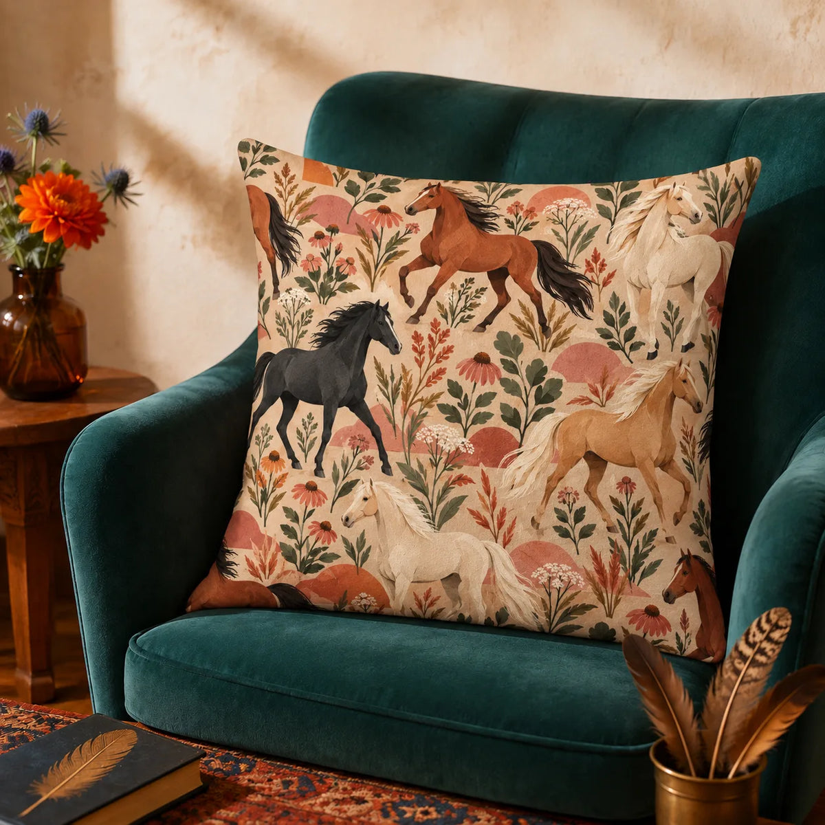 Terracotta Modern Horse cushion cover set — chestnut, black and cream horses with terracotta half-circles and coneflowers on sand