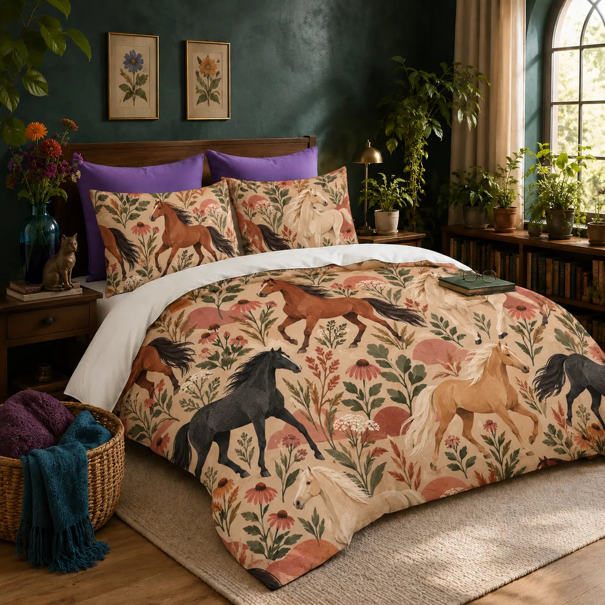 Terracotta Modern Horse duvet cover set — chestnut, black and cream horses with terracotta half-circles and coneflowers on sand