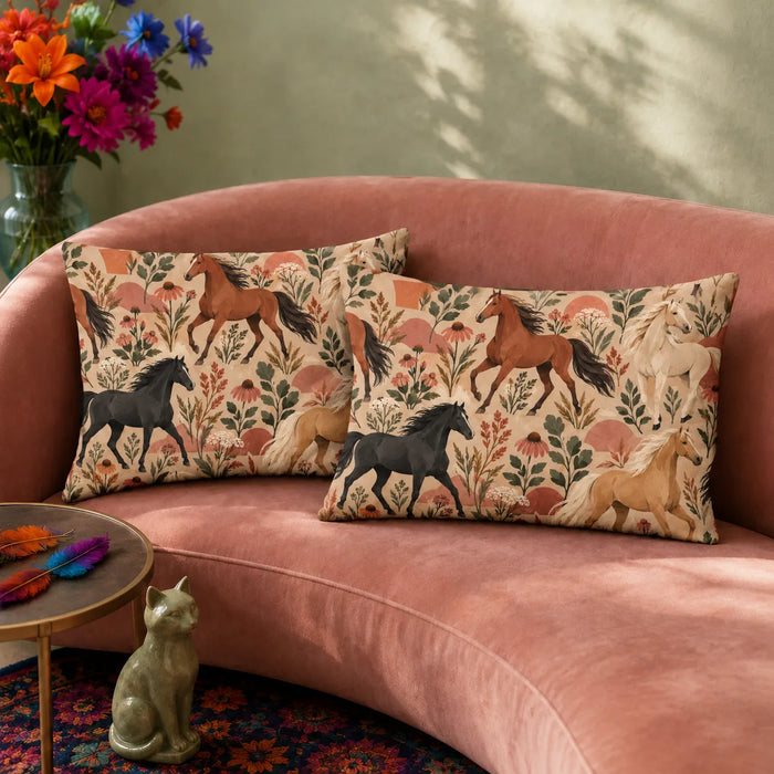 Terracotta Modern Horse pillowcase set — chestnut, black and cream horses with terracotta half-circles and coneflowers on sand