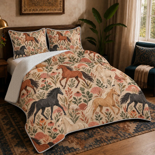 Terracotta Modern Horse quilt set — chestnut, black and cream horses with terracotta half-circles and coneflowers on sand