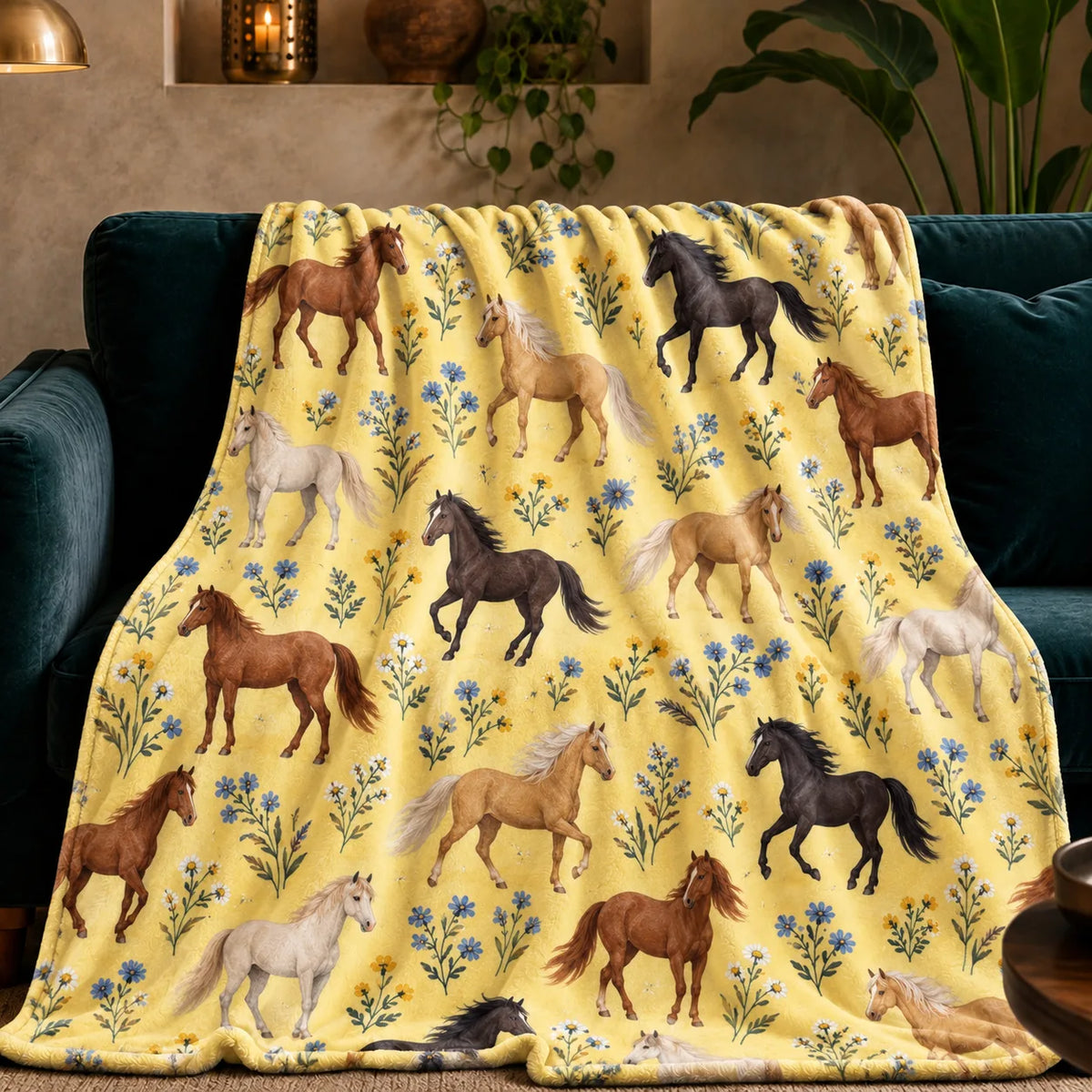 Tiny Ditsy Horse fleece throw blanket — small chestnut, palomino and black horses with tiny blue and yellow flowers on butter yellow
