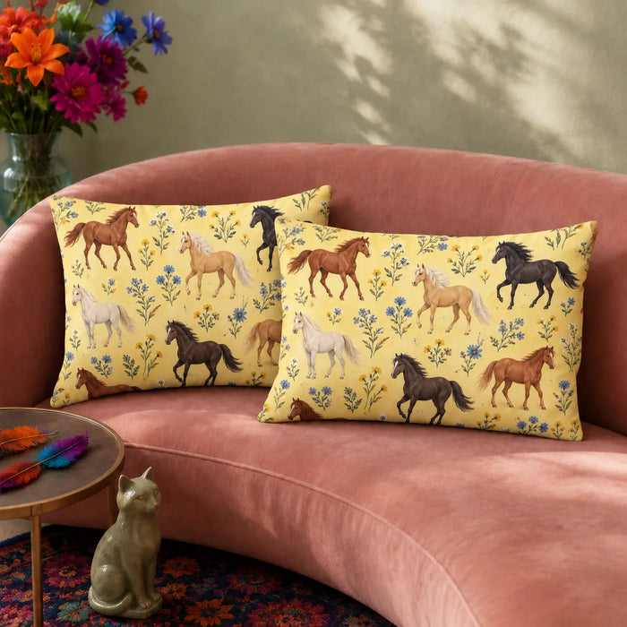 Tiny Ditsy Horse pillowcase set — small chestnut, palomino and black horses with tiny blue and yellow flowers on butter yellow