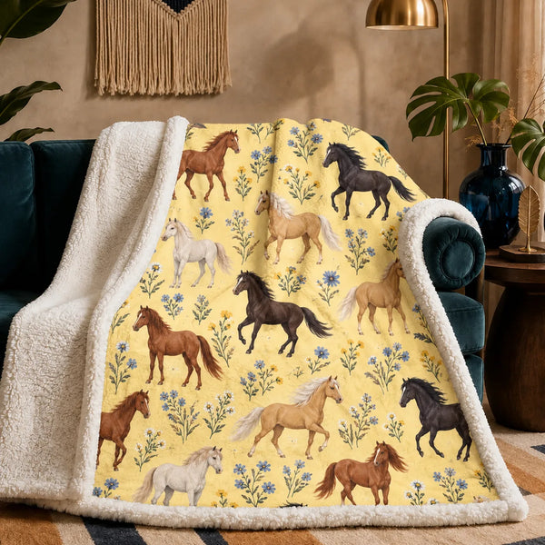 Tiny Ditsy Horse sherpa blanket — small chestnut, palomino and black horses with tiny blue and yellow flowers on butter yellow