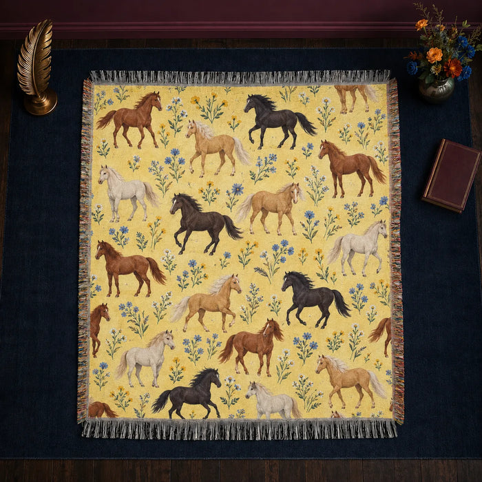 Tiny Ditsy Horse woven throw blanket — small chestnut, palomino and black horses with tiny blue and yellow flowers on butter yellow