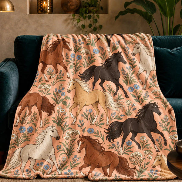 Whimsical Contour Horse fleece throw blanket — outlined chestnut, black and palomino horses among dusty blue flowers on peach
