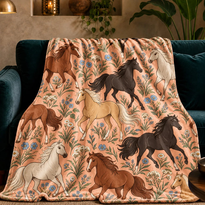 Whimsical Contour Horse fleece throw blanket — outlined chestnut, black and palomino horses among dusty blue flowers on peach