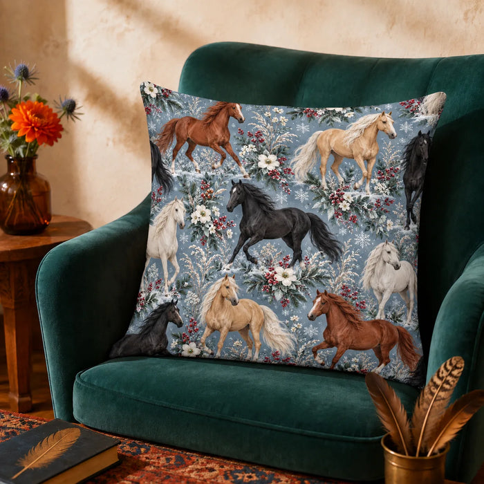 Winter Garden Horse cushion cover set — chestnut, palomino and black horses with red berries, white flowers and snowflakes on slate blue