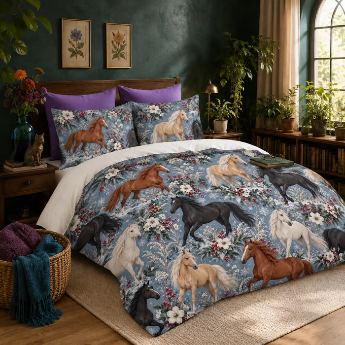 Winter Garden Horse duvet cover set — chestnut, palomino and black horses with red berries, white flowers and snowflakes on slate blue