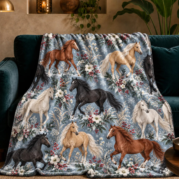 Winter Garden Horse fleece throw blanket — chestnut, palomino and black horses with red berries, white flowers and snowflakes on slate blue