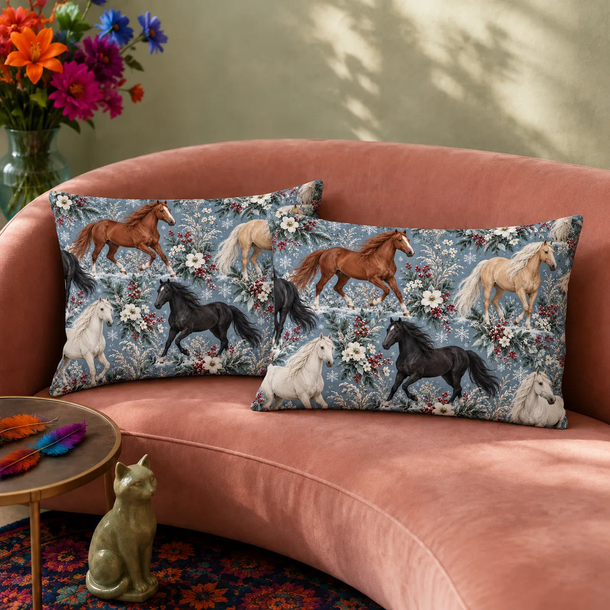 Winter Garden Horse pillowcase set — chestnut, palomino and black horses with red berries, white flowers and snowflakes on slate blue
