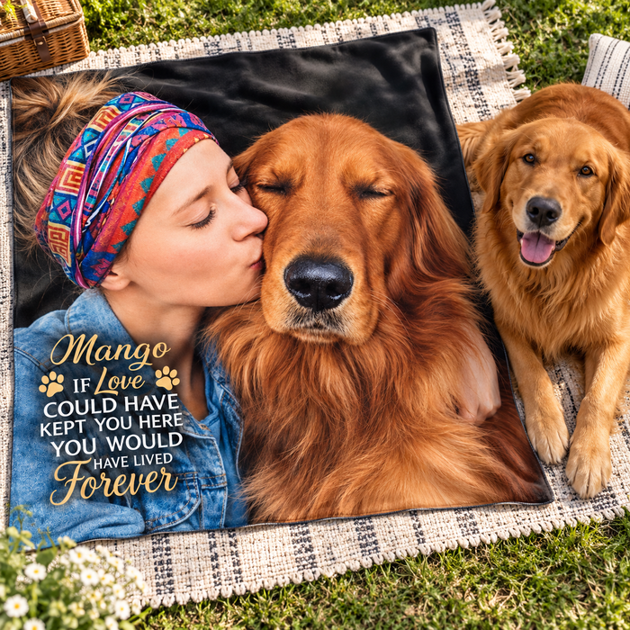 Pet memorial photo blanket outdoors, with the words if love could have kept you here