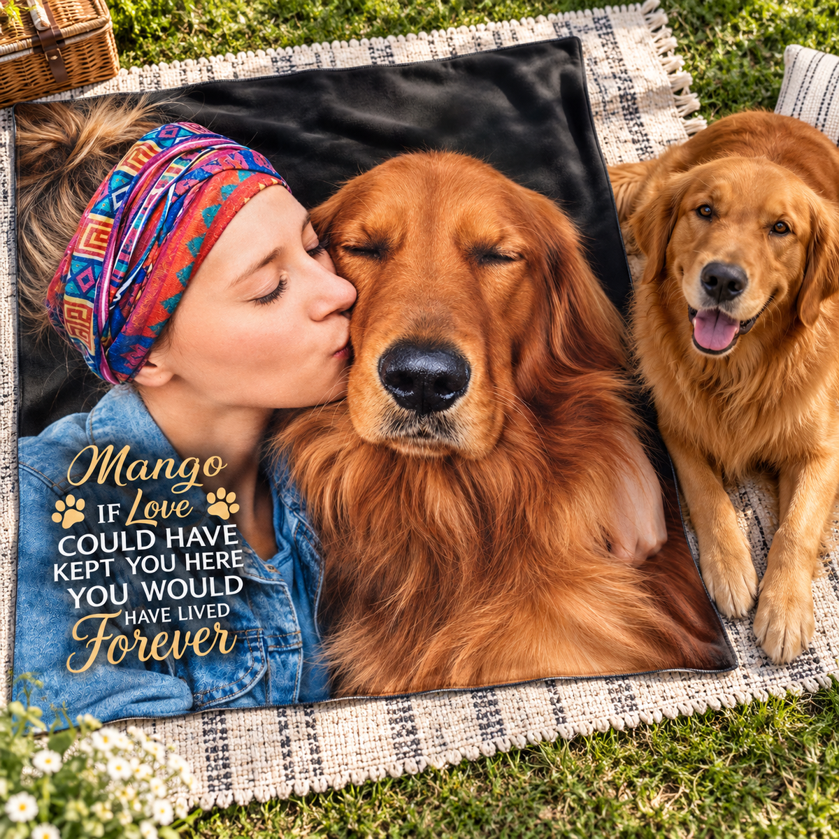 Pet memorial photo blanket outdoors, with the words if love could have kept you here